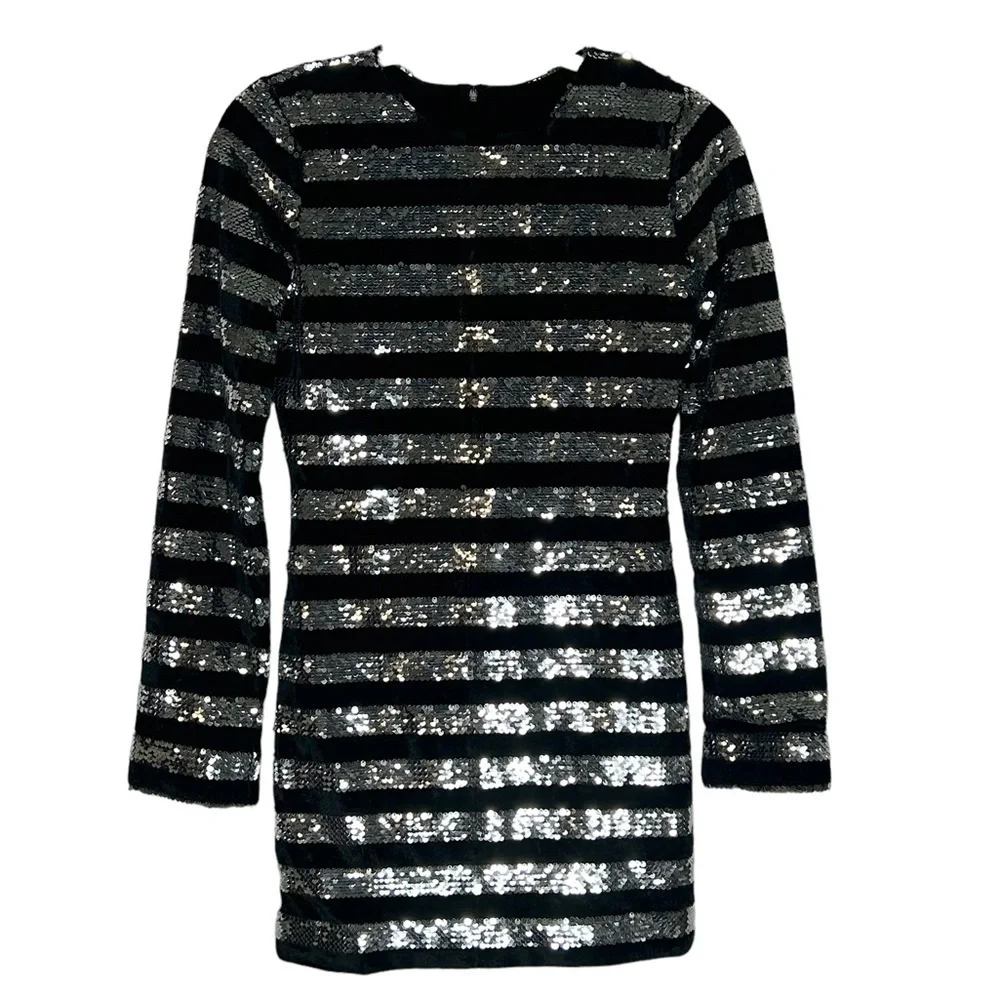 RtA Silver Sequin and Black Velvet Striped Lomg Sleeve Bodycon Mini Dress